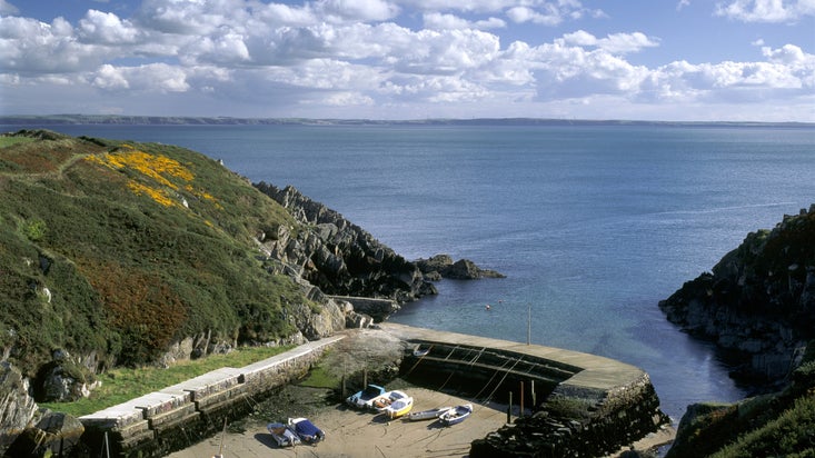 View of St Bride's Bay across the Porth Clais harbour at Pembrokeshire